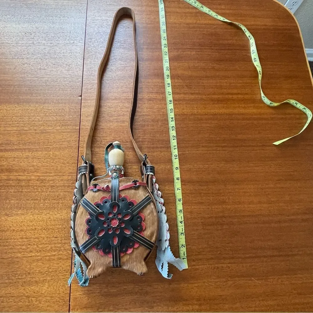 Vintage Hungarian Folk Art Wooden Horsehair Covered Canteen Flask Leather Strap